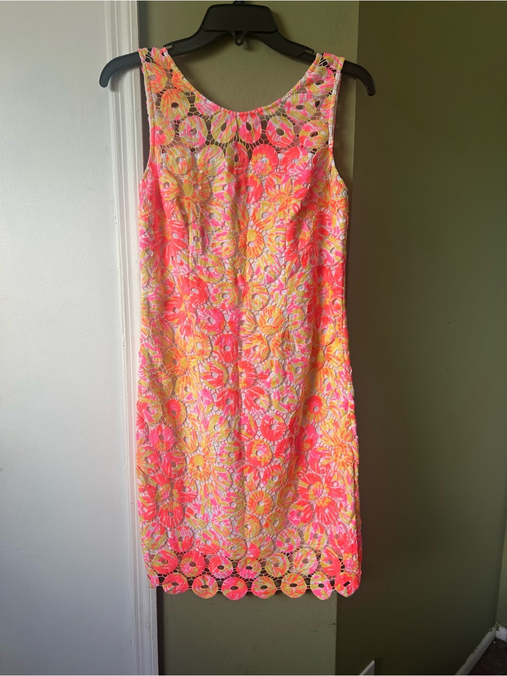 Lilly Pulitzer Neon Pink & Yellow Embroidered Shift Lace Dress Sz 4